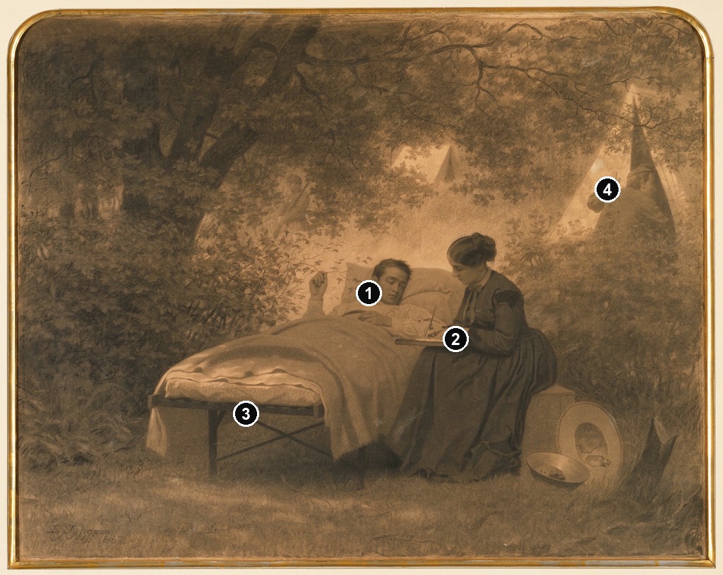 Annotated details from The Letter Home by Eastman Johnson